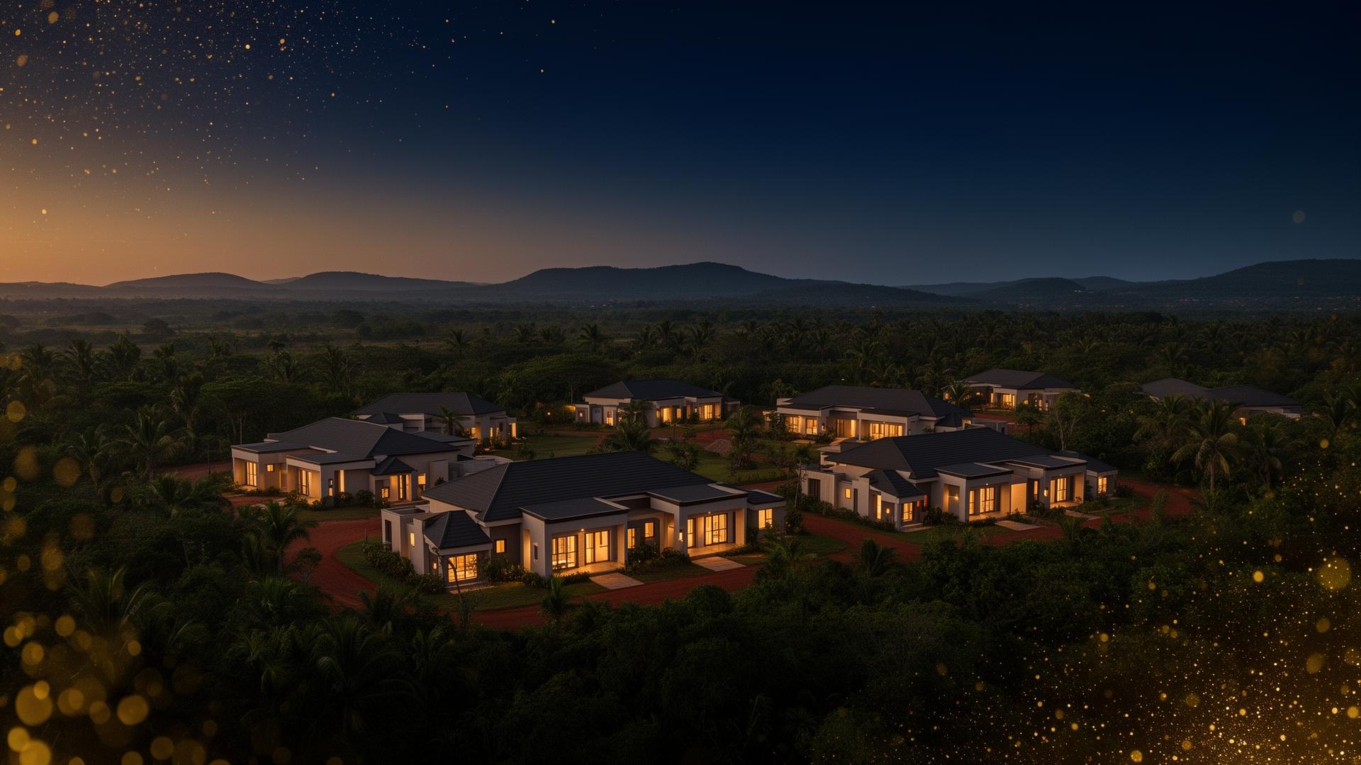 Asanko Gold Ghana camp at twilight surrounded by lush hills